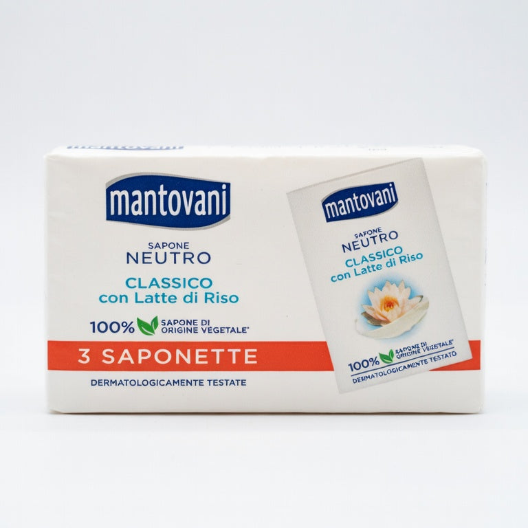 Mantovani Saponette Neutre con Latte di Riso Naturale Set 3x90g – 100% Sapone di Origine Vegetale per Pelli Sensibili – Azione Emolliente e Idratante