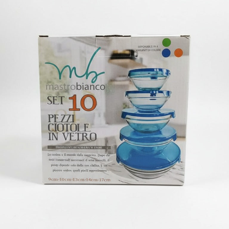 Set 10 Pezzi Ciotole in Vetro Mastrobianco con Coperchio | Vetro Termoresistente per Forno e Microonde | Conservazione Frigo e Freezer | 5 Dimensioni Salvaspazio
