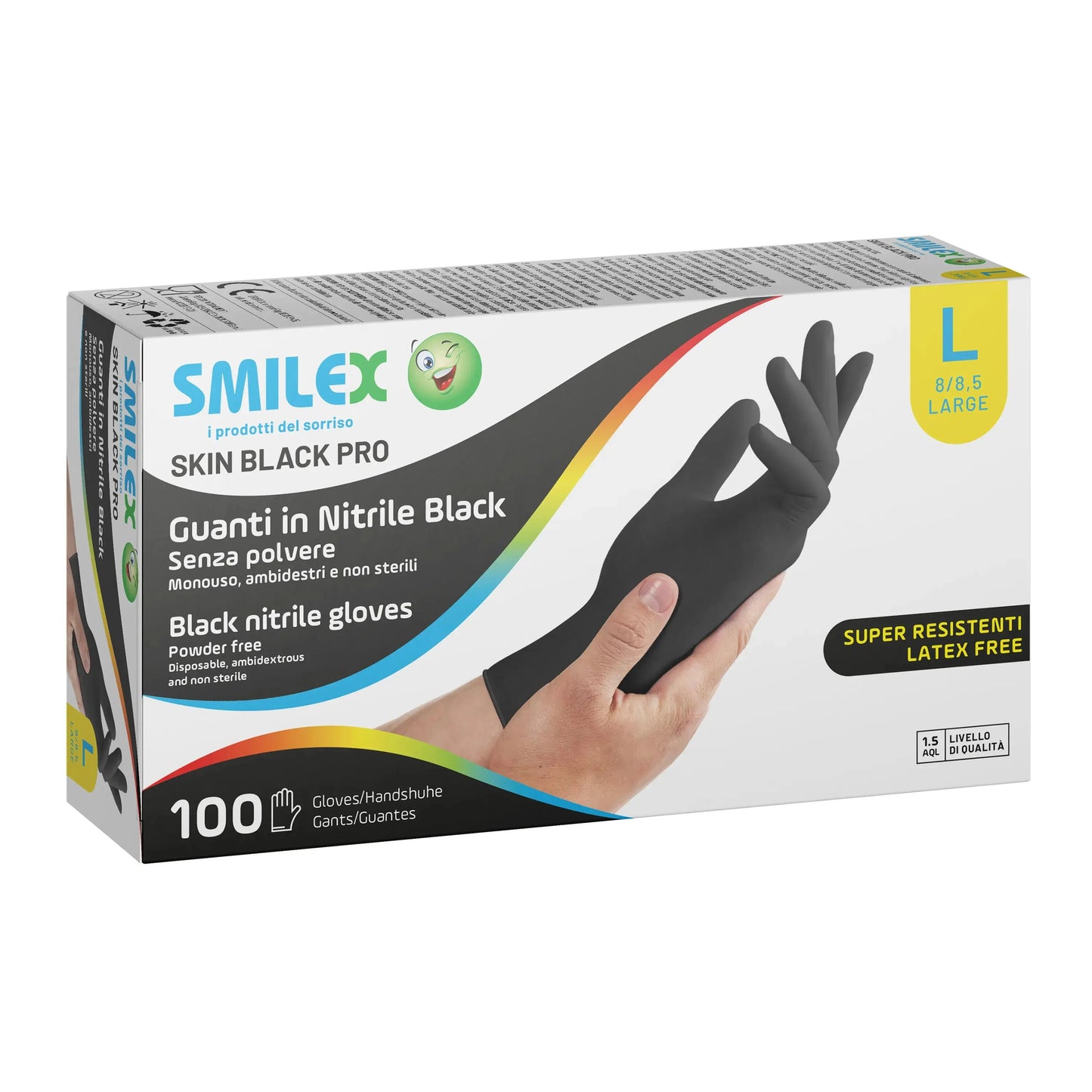 Smilex Skin Black Guanti in Nitrile Neri Senza Polvere – Taglia L (8/8,5) – Super Sensibili e Resistenti – Dispositivo Medico Classe I – 100 Pezzi