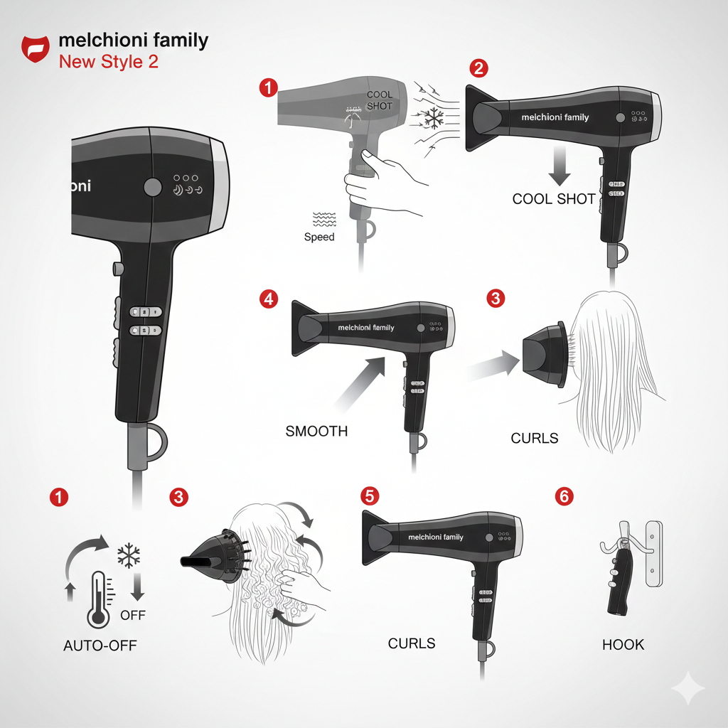 Melchioni Family New Style 2 Asciugacapelli Professionale | 2200W | 3 Temperature e 2 Velocità | Diffusore e Concentratore Inclusi | Protezione Termica Safe