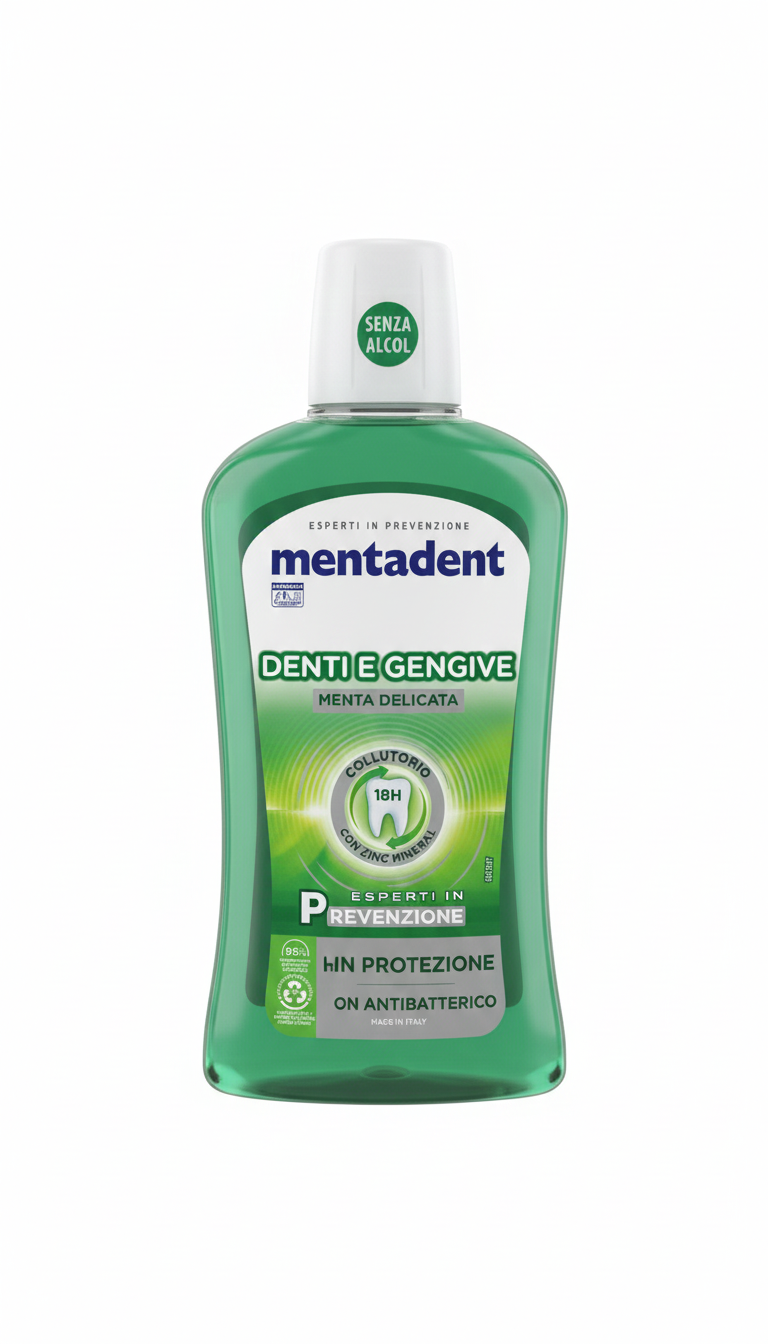 Mentadent Collutorio Denti & Gengive 500 ml | Protezione Completa 8 Azioni | Tecnologia Zinc Mineral Antibatterico 18H | Senza Alcol Gusto Menta Delicata