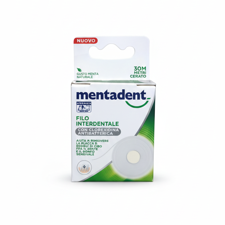 Mentadent Filo Interdentale 30 m Cerato | Con Clorexidina Antibatterica | Gusto Menta Naturale | Ideale per Spazi Stretti e Apparecchi