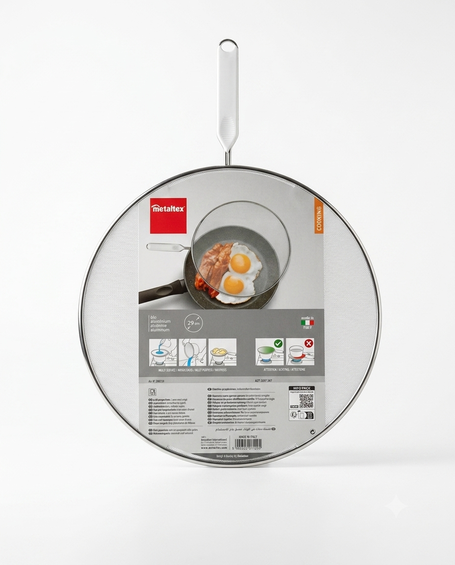 Paraschizzi Metaltex Ø29 cm in alluminio con manico, utensile multiuso da cucina per evitare schizzi durante la cottura, ideale per aggiungere liquidi, cottura a vapore e scolatura.