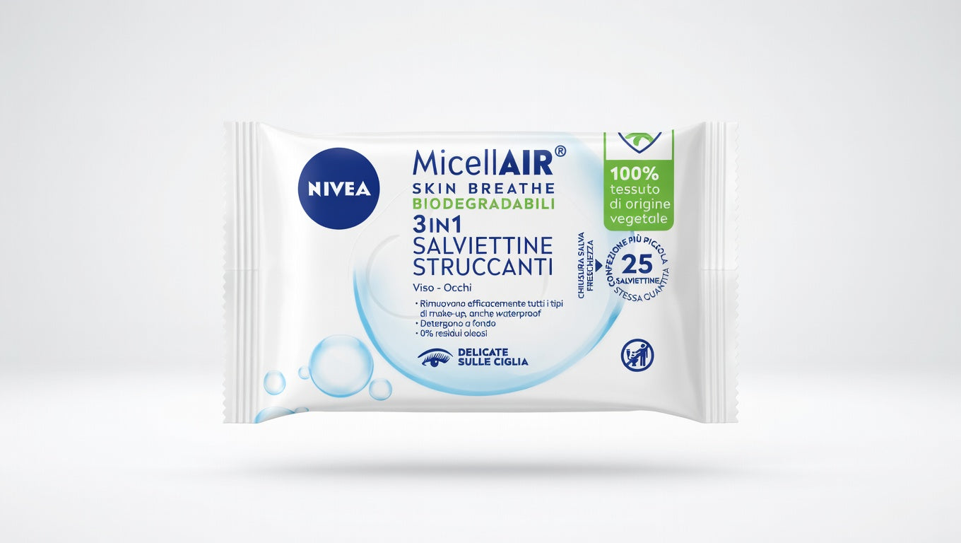 NIVEA MicellAIR Salviettine Struccanti 3 in 1 con Acqua Micellare | 25 Pezzi | Arricchite con Vitamina E | Rimuovono Trucco Waterproof e Proteggono le Ciglia