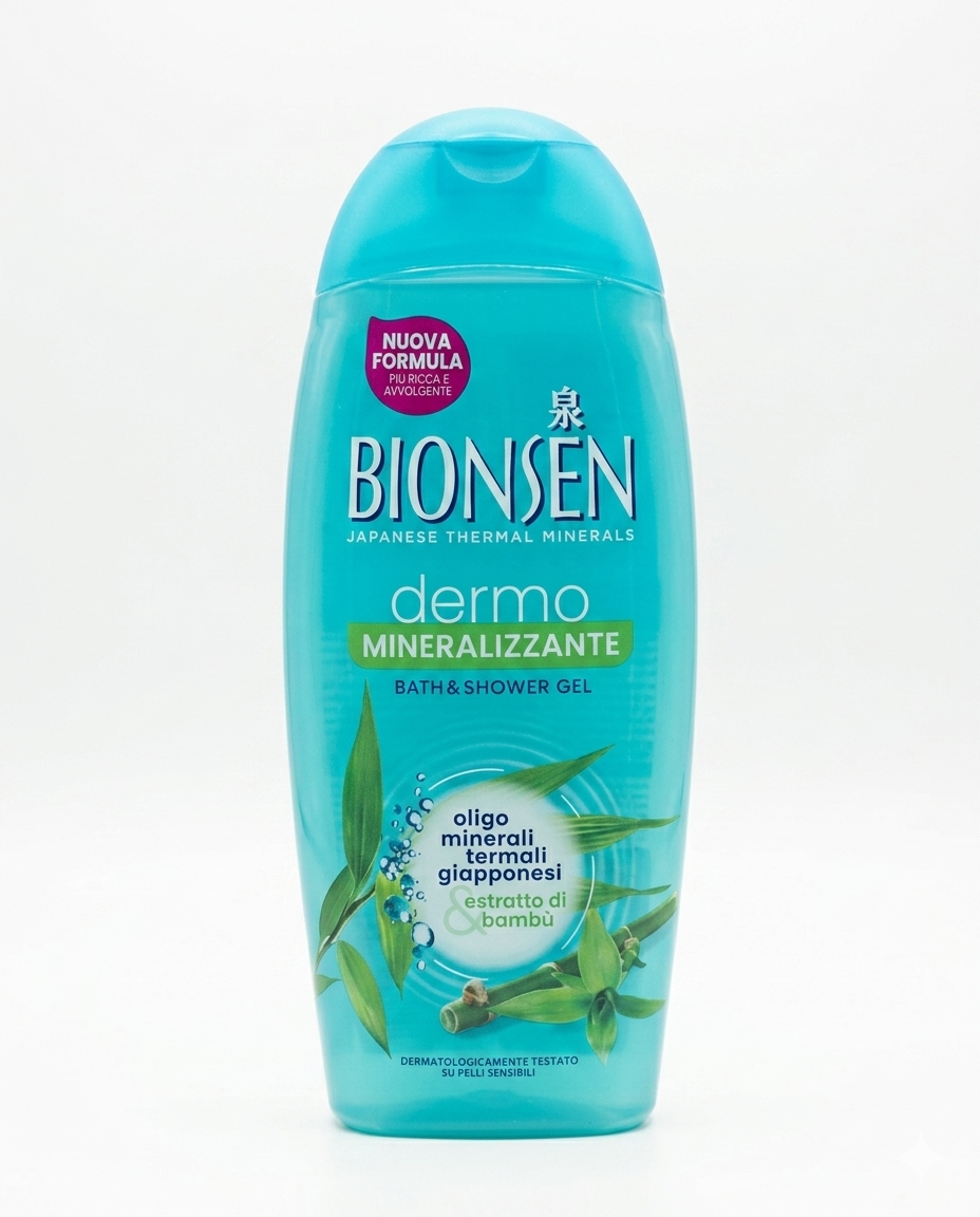 Bionsen Dermo Mineralizzante bagnoschiuma 550ml con estratto di bamboo e oligominerali giapponesi, detergente idratante e rinfrescante per pelle sensibile e secca.