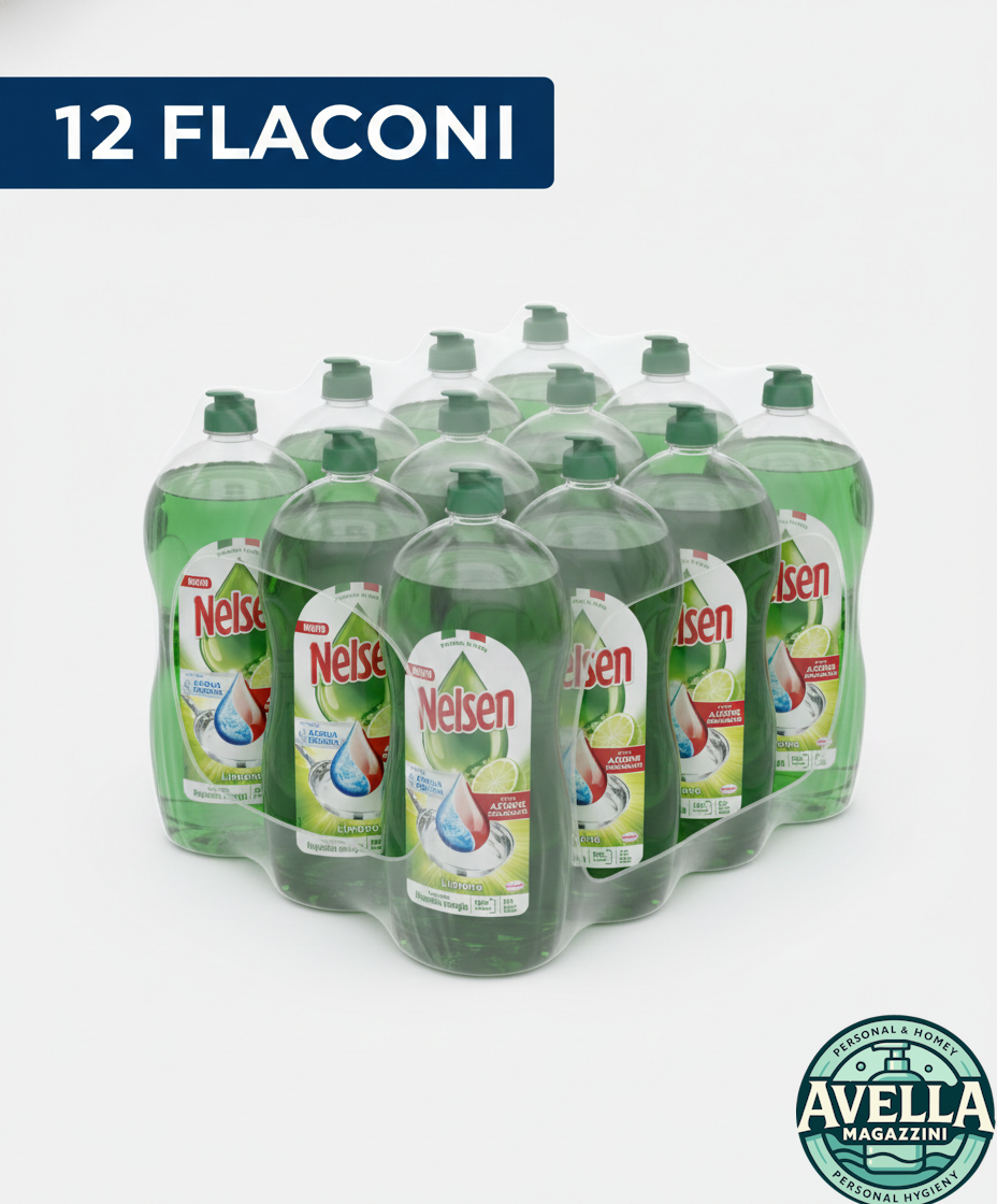 Nelsen Detersivo Piatti Limone box 12 flaconi da 850 ml, extra sgrassante, efficace anche in acqua fredda.