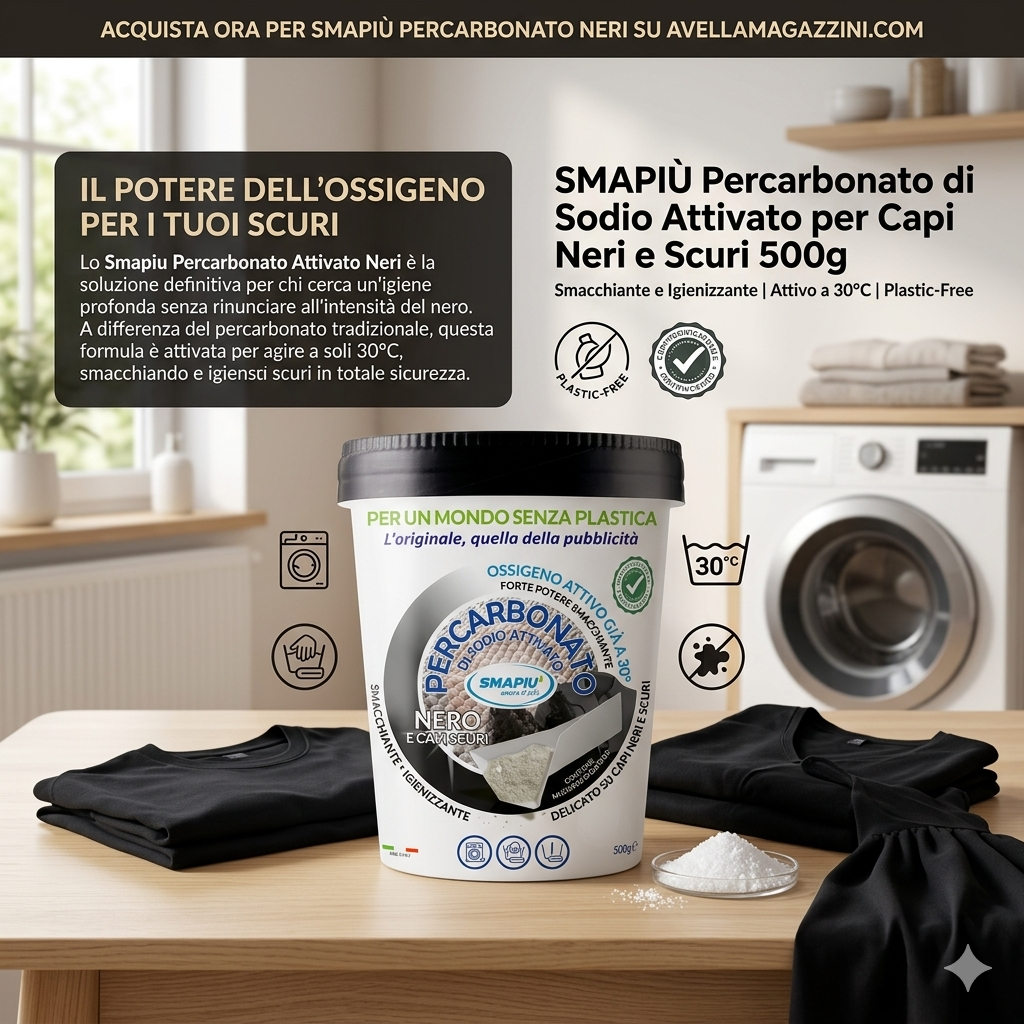 SMAPIÙ Percarbonato di Sodio Attivato per Capi Neri e Scuri 500g | Smacchiante e Igienizzante | Attivo a 30°C | Plastic-Free