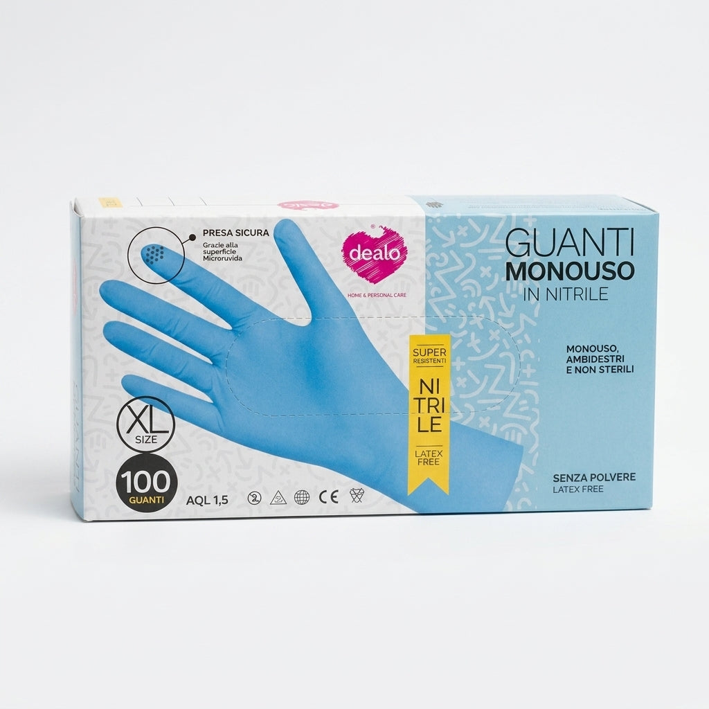 Dealo Guanti Monouso in Nitrile Blu XL 100 Pezzi Microruvidi Senza Polvere – Protezione DPI Cat III e Dispositivo Medico Cl. I