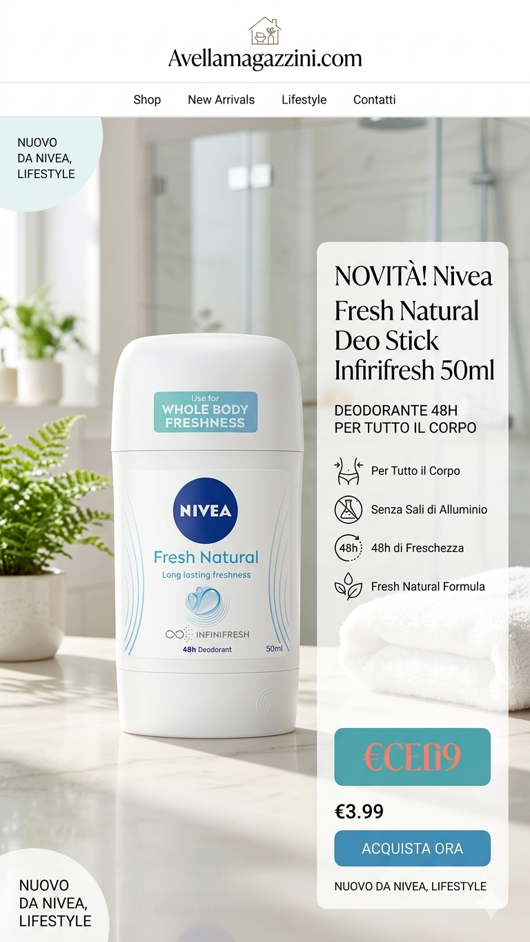 Nivea Fresh Natural Deo Stick Infinifresh 50ml – Deodorante 48h per Tutto il Corpo Senza Sali di Alluminio