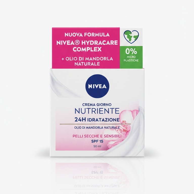 NIVEA Crema Giorno Nutriente 24H Idratazione 50 ml | Con Olio di Mandorla Naturale e SPF 15 | Per Pelli Secche e Sensibili | 0% Microplastiche