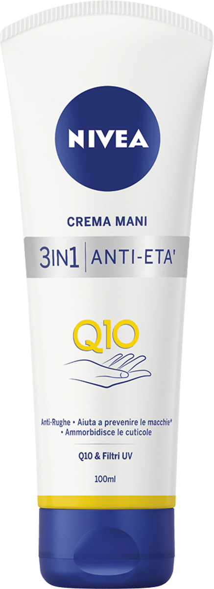 NIVEA Crema Mani 3in1 Anti-Età Q10 100ml | Anti-Rughe con Coenzima Q10 | Filtri UV Anti-Macchie e Cura Cuticole