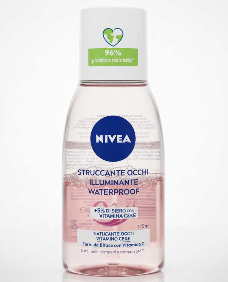 NIVEA Struccante Occhi Illuminante Waterproof Bifasico 125 ml | Con Vitamina C Energizzante | Rimuove Trucco a Lunga Tenuta Senza Strofinare | 96% Plastica Riciclata