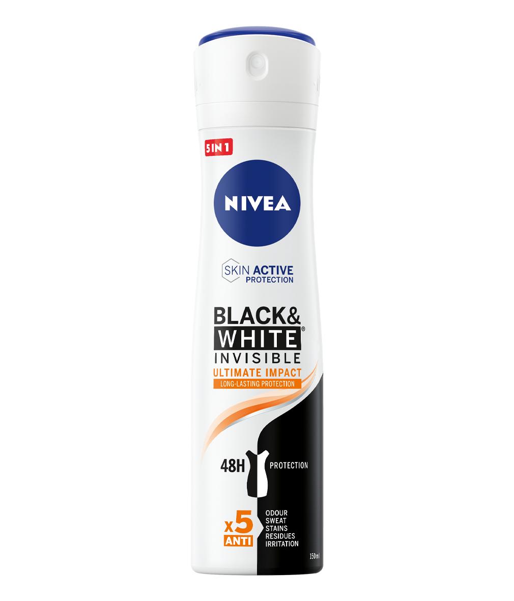 NIVEA Black & White Invisible Ultimate Impact Deodorante Spray 150ml – Donna – Anti-Traspirante 48h – Zero Macchie/Residui