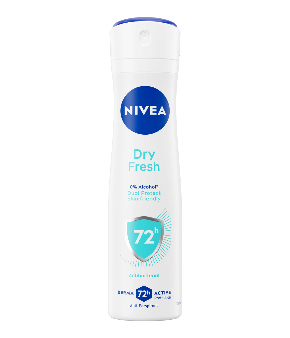 Deodorante spray NIVEA Dry Fresh 150 ml, anti-traspirante 72h con tecnologia Dual Protect antibatterica e 0% alcol.