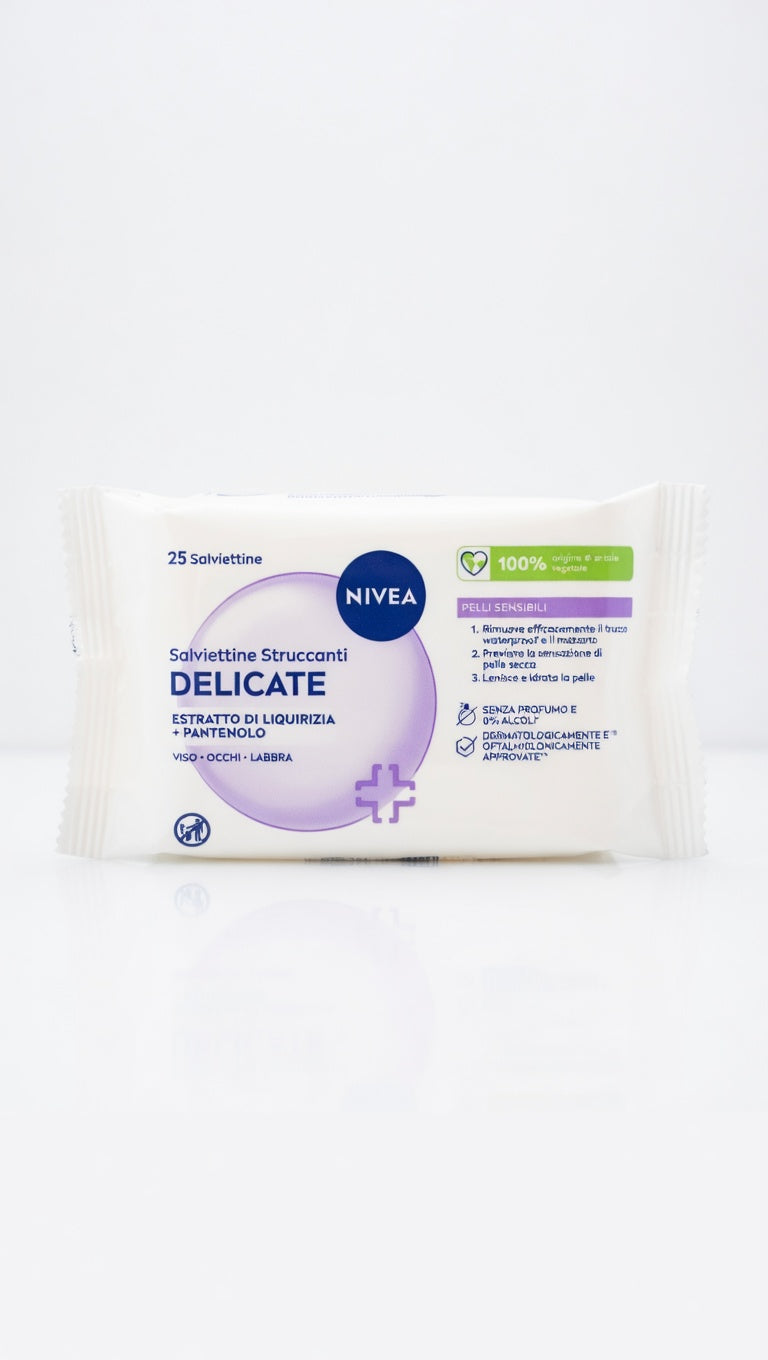 NIVEA Salviettine Struccanti Delicate 25 Pezzi | Viso, Occhi e Labbra | Per Trucco Waterproof e SPF | Con Liquirizia e Pantenolo | 0% Alcol e Profumo