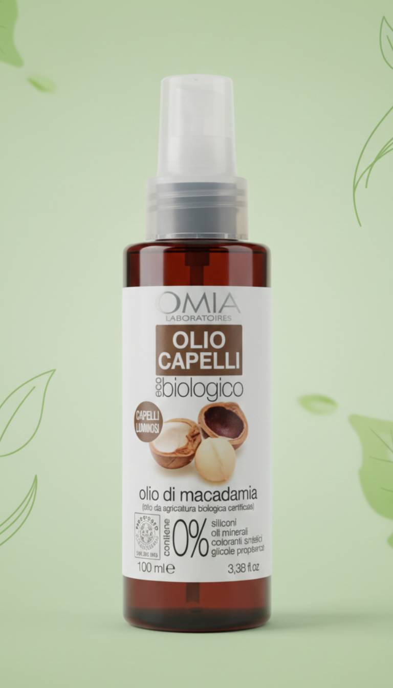 Omia Olio Capelli Eco-Biologico Macadamia 100ml – Cristalli Liquidi Naturali – Trattamento Idratante e Illuminante per Capelli Stressati – Senza Siliconi – Certificato ICEA