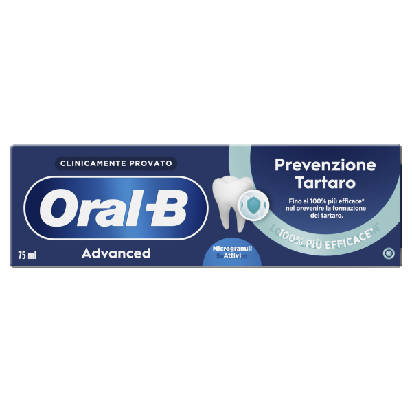 Oral-B Advanced Prevenzione Tartaro Dentifricio 75 ml, con microgranuli e complesso di fluoruro stannoso, aiuta a rimuovere la placca, contrastare la formazione del tartaro e proteggere smalto e denti per un'igiene orale completa.