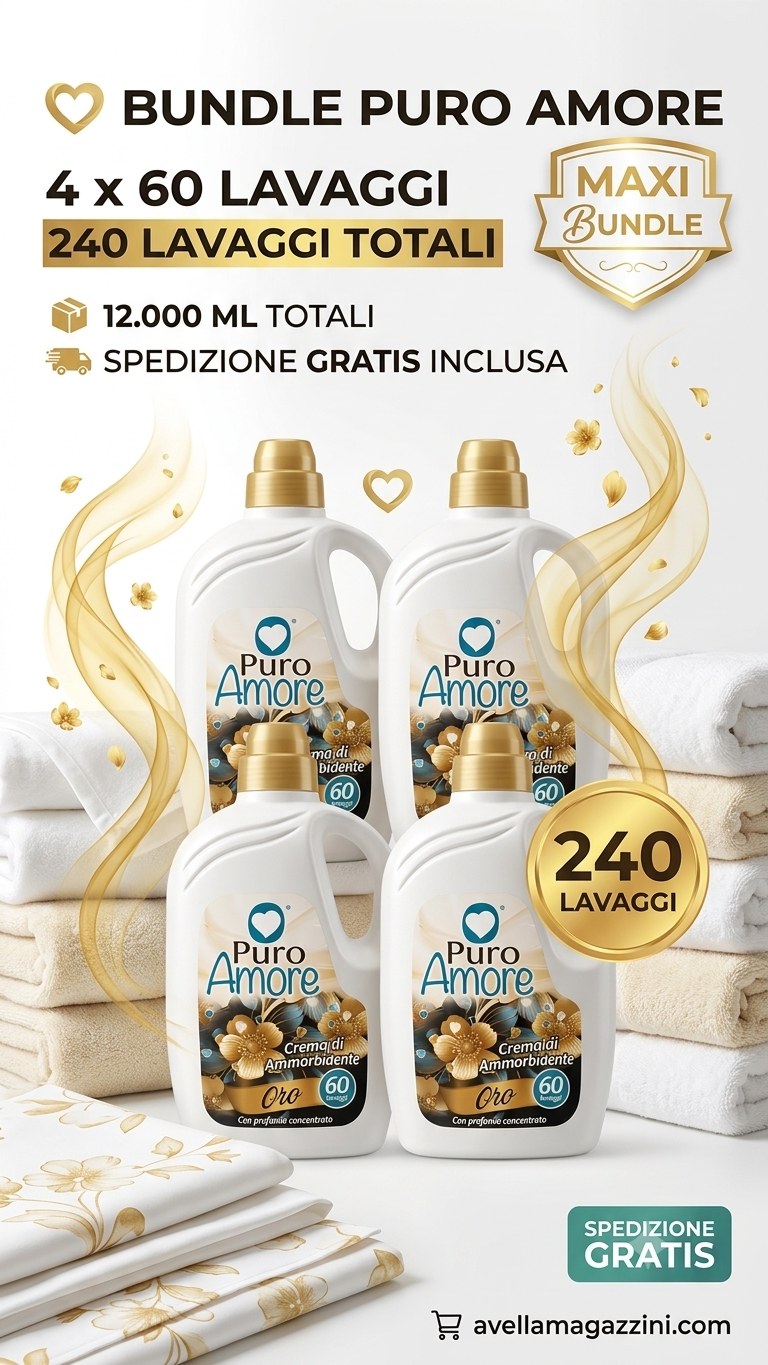 Puro Amore Ammorbidente Ultra Concentrato Mega Bundle 240 Lavaggi (12000 ml) – Crema di Ammorbidente per Morbidezza Estrema e Stiratura Facile – Disponibile in 6 Varianti