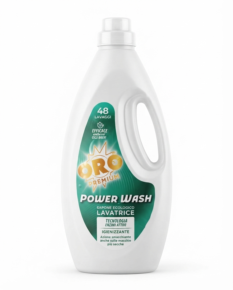 ORO Premium Power Wash Sapone Ecologico Lavatrice 2,2 L, detersivo liquido con enzimi attivi per bucato efficace, formula ecologica che rimuove lo sporco e garantisce capi puliti e profumati.