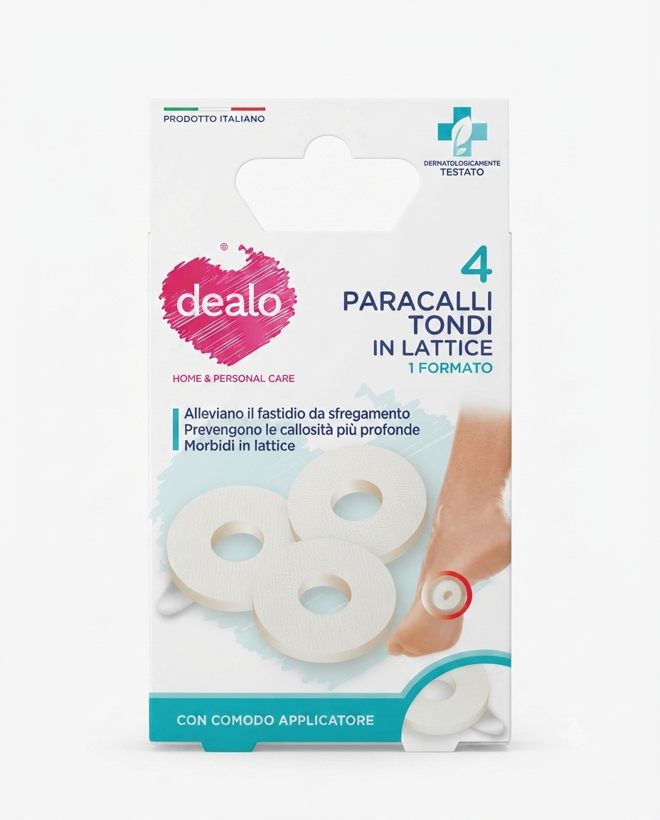Paracalli tondi Dealo in lattice 4 pezzi, protezione calli piedi antisfregamento e sollievo pressione scarpe, dispositivo medico dermatologicamente testato.