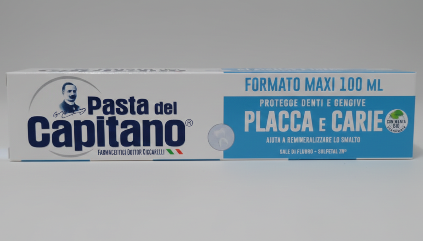 Pasta Del Capitano Dentifricio Placca & Carie 100ml – Con Doppi Sali di Fluoro e Menta Bio – Protezione Smalto