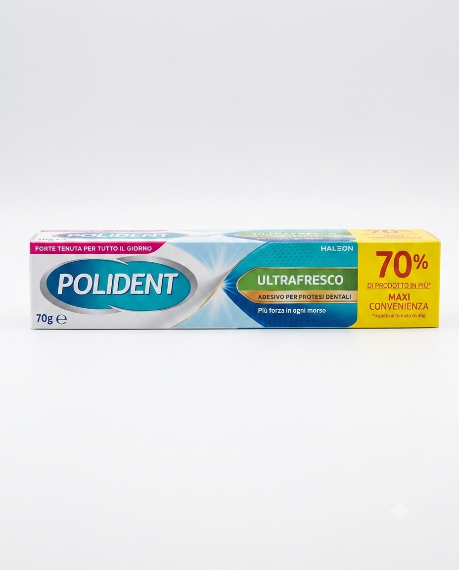 Polident Ultrafresco crema adesiva per dentiere 70g, tenuta sicura per tutto il giorno e fresca profumazione alla menta, aiuta a mantenere l’alito fresco e migliora stabilità e comfort della protesi.