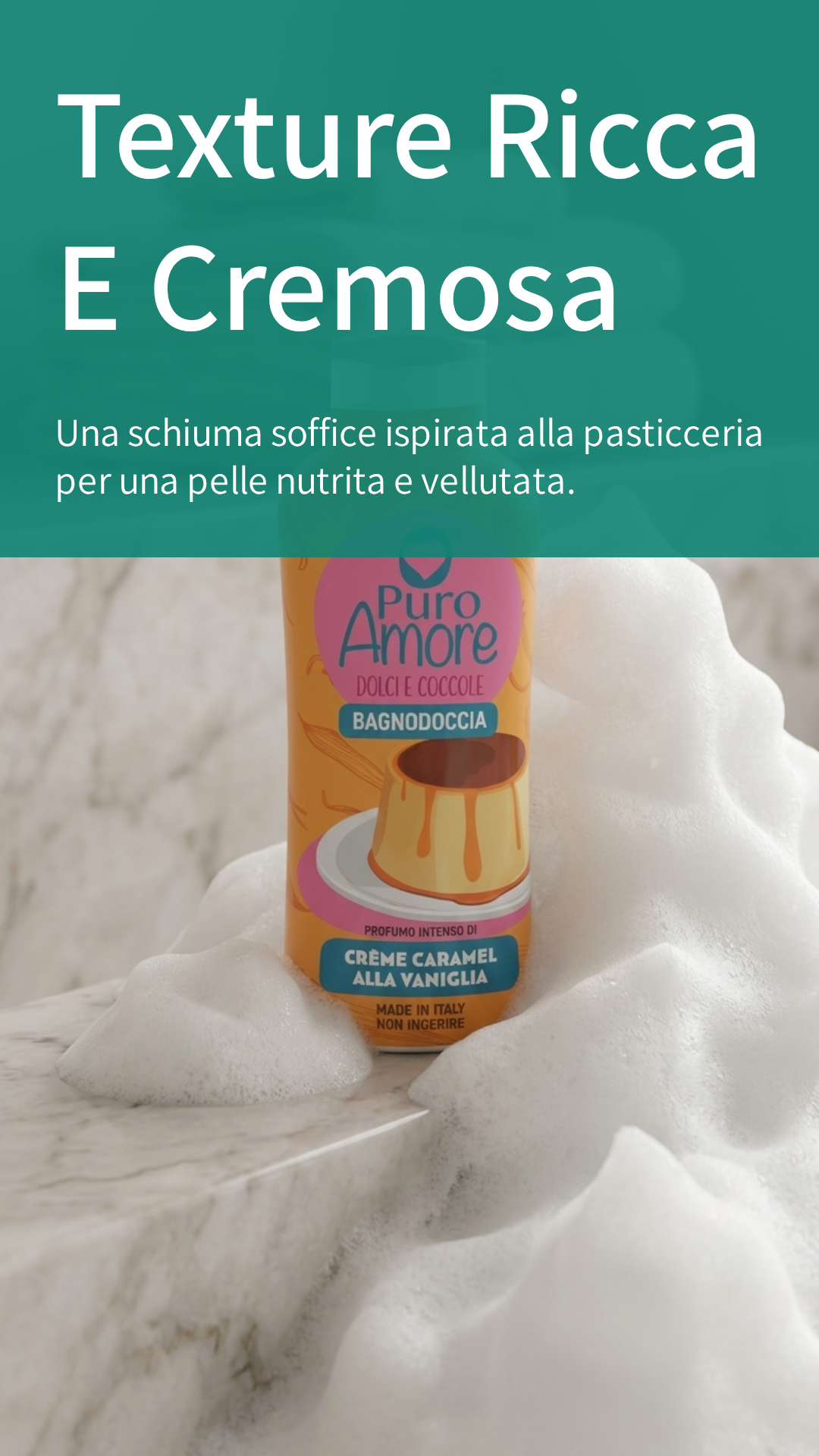 PURO AMORE Dolci Coccole Bagnodoccia Crème Caramel alla Vaniglia 1000ml | Profumo Gourmand Intenso | Formula Vellutante 100% Made in Italy