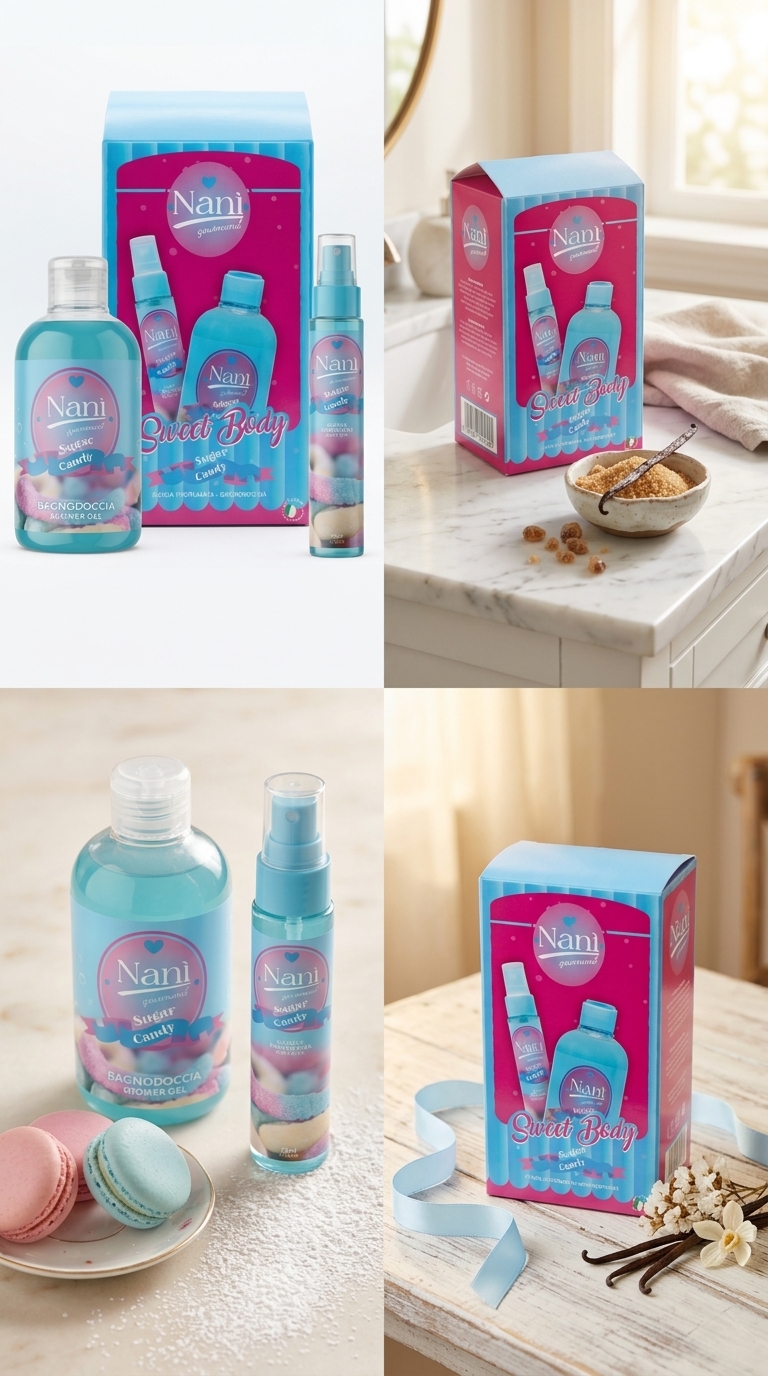 Nanì Gourmand Sweet Body Confezione Regalo 375 ml | Acqua Profumata 75 ml + Bagnodoccia 300 ml | Fragranze Golose | Cioccolato, Macarons, Cookies, Candy o Cheesecake | Made in Italy