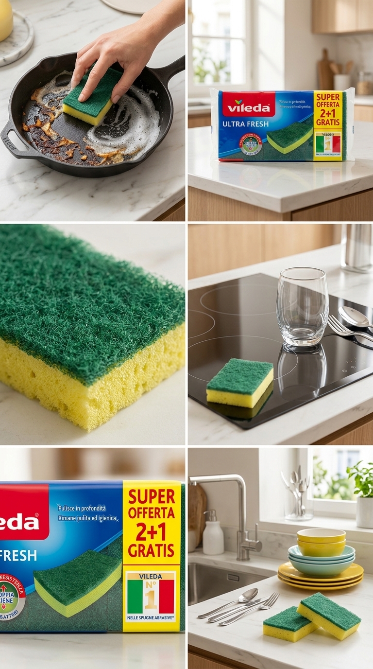 Vileda Ultra Fresh Spugne Abrasive 3 Pezzi 2+1 Gratis – Doppia Igiene Antibatterica Massima Assorbenza