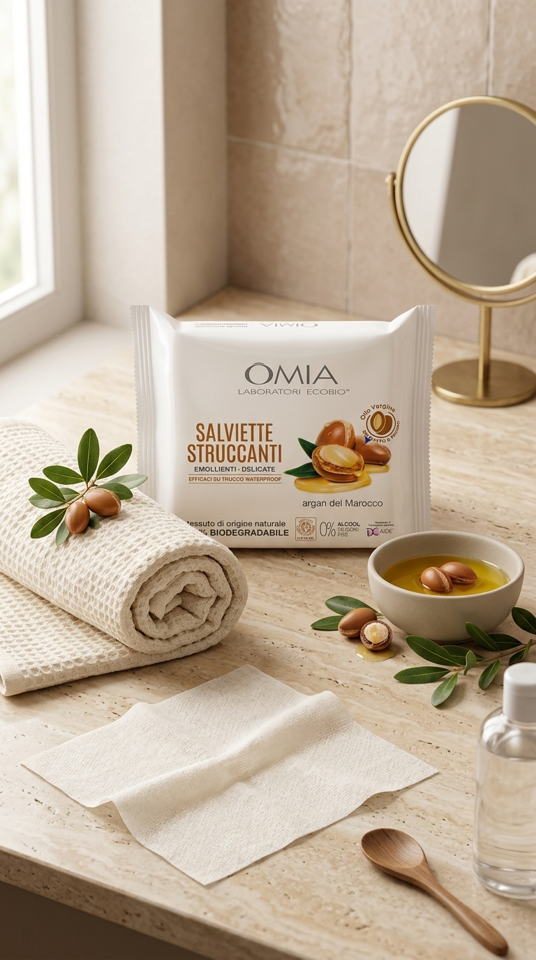 OMIA Laboratori Ecobio Salviette Struccanti Emollienti all'Argan Biologico 20 Pezzi – Viso, Occhi e Labbra