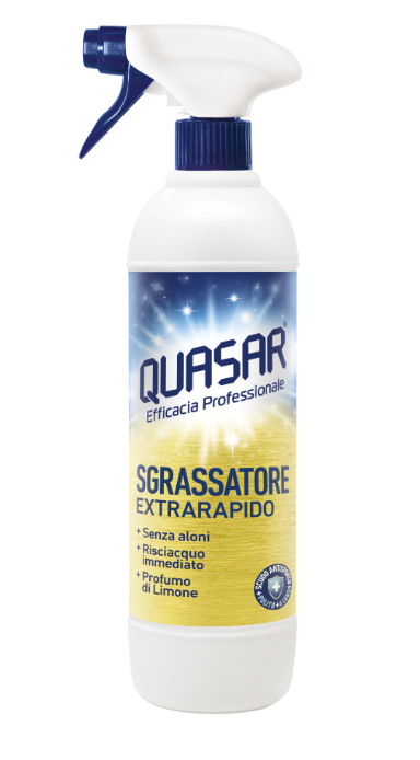 QUASAR Sgrassatore Extrarapido 580ml | Efficacia Professionale | Risciacquo Immediato ZERO ALONI | Multiuso per Cucina, Moto e Tessuti | Profumo Limone