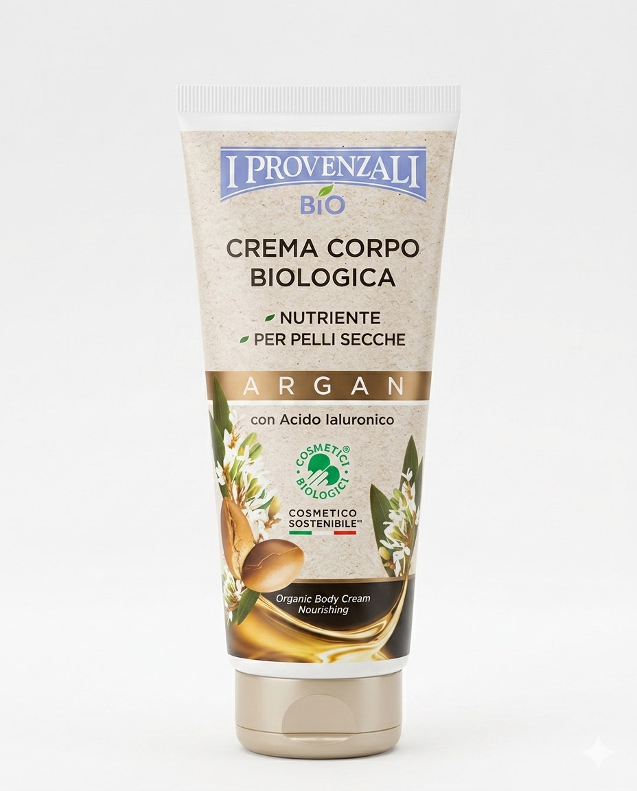 Crema Corpo Argan Bio I Provenzali da 200ml con olio di argan, acido ialuronico e burro di karité, crema nutriente e idratante ad azione elasticizzante e antietà, con ingredienti di origine naturale e texture leggera a rapido assorbimento.