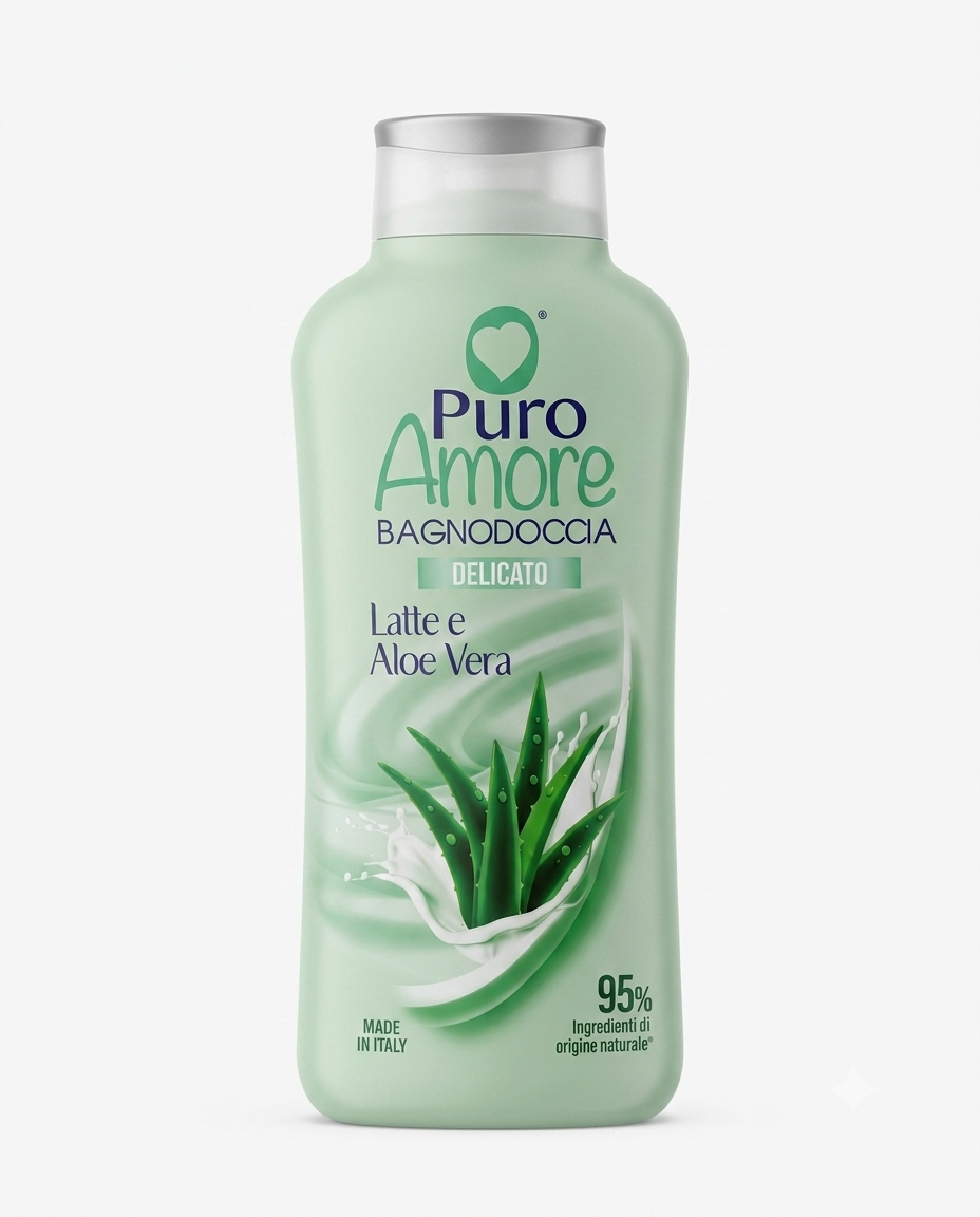 Puro Amore Bagnodoccia Delicato Latte e Aloe Vera 650 ml, detergente corpo con pH 5.5 e formula vegan composta da oltre il 95% di ingredienti naturali Made in Italy, ideale per una detersione delicata che aiuta a nutrire e proteggere la pelle lasciandola morbida, fresca e idratata.