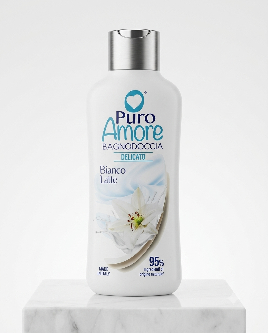 Flacone di Puro Amore Bagnodoccia Bianco Latte 650ml con vaniglia, texture cremosa e ingredienti naturali 95% eco-friendly