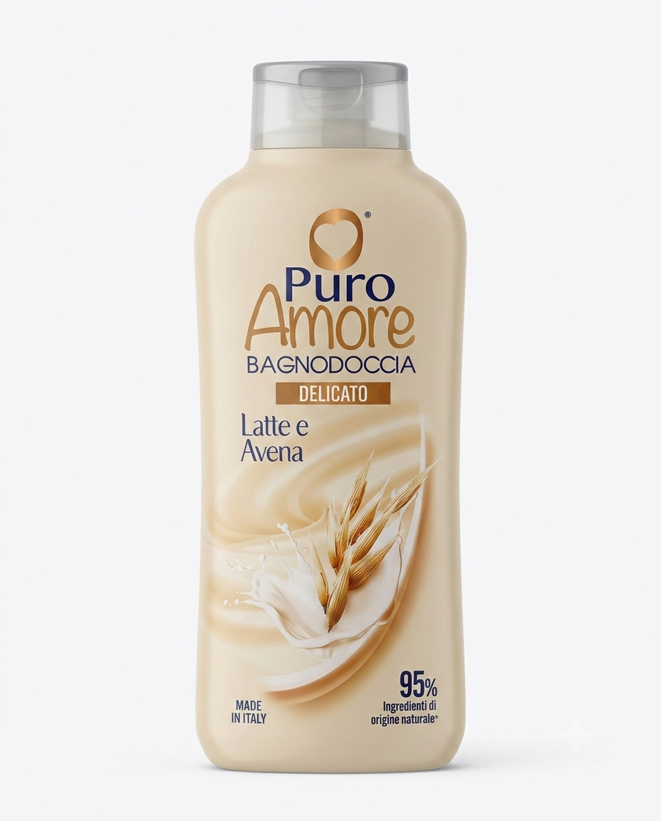 Puro Amore Bagnodoccia Latte e Avena 650 ml – detergente corpo delicato con estratto di avena, pH 5.5, 95% ingredienti di origine naturale, formula vegan e flacone riciclabile, pelle morbida e vellutata