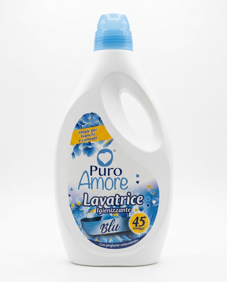 Puro Amore Lavatrice Igienizzante Blu 2025 ml detersivo liquido per lavatrice da 45 lavaggi, pulizia profonda e freschezza duratura sui tessuti.