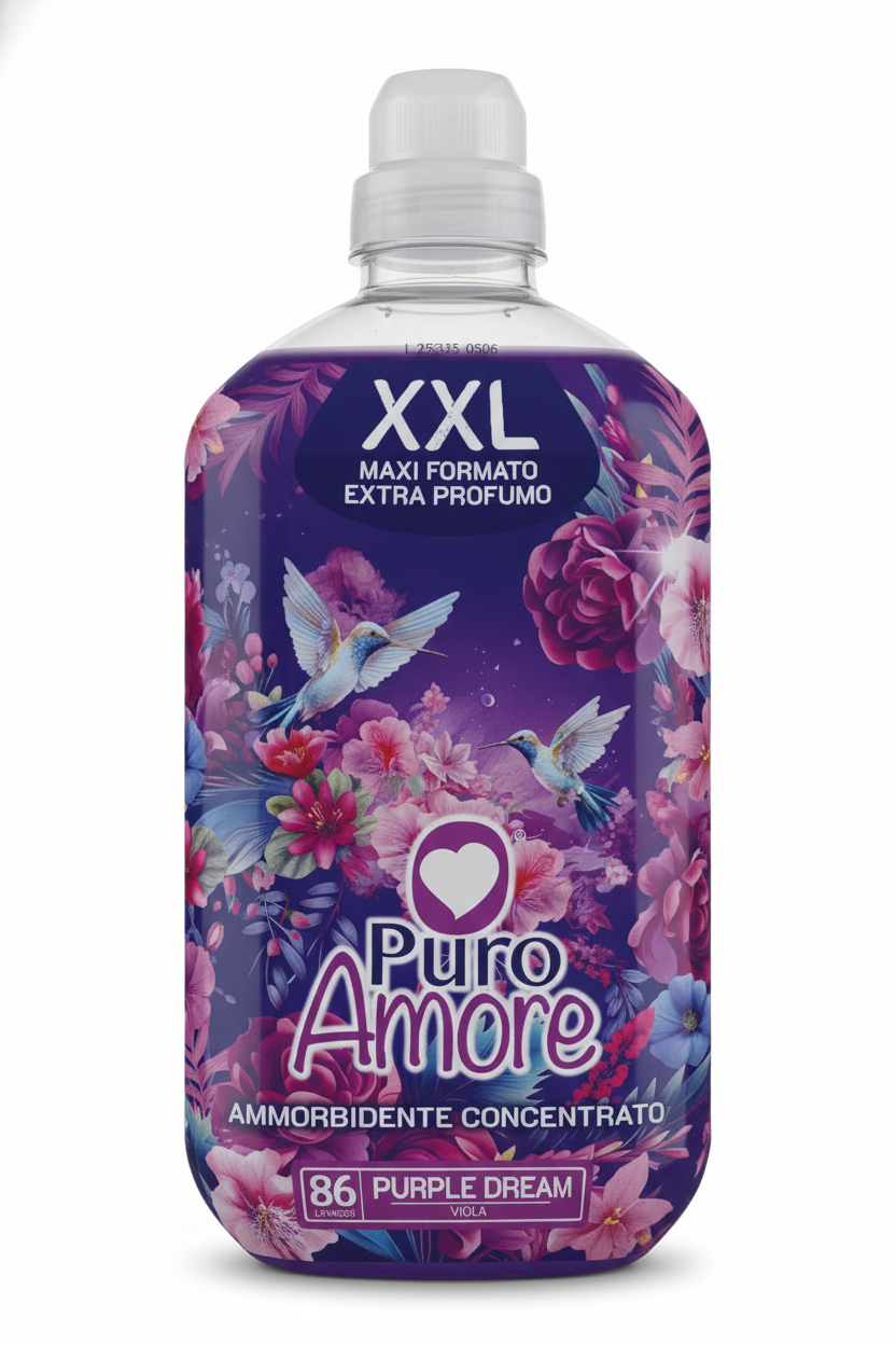 Puro Amore Purple Dream ammorbidente concentrato 1806ml 86 lavaggi, oli essenziali, extra morbidezza e profumo
