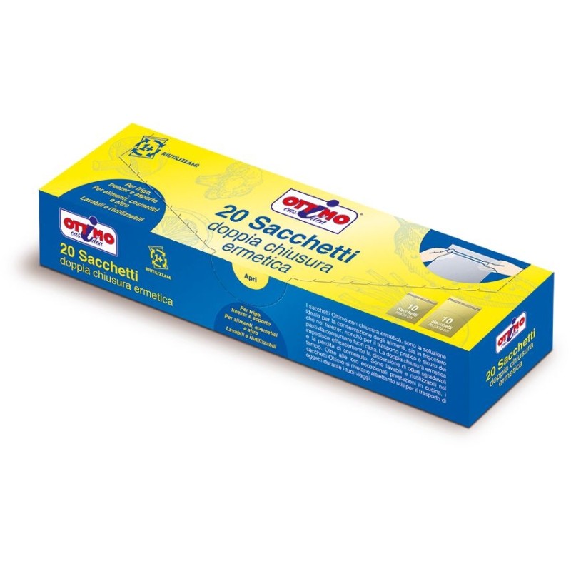 Ottimo | 20 Sacchetti Ermetici Riutilizzabili | Sistema a Doppia Chiusura a Pressione | Ultra-Resistenti per Frigo, Freezer e Viaggio | Fondo Estensibile Salvaspazio | Formati Assortiti