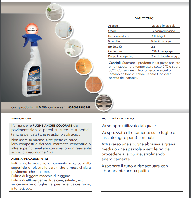 FAREN DECAVIL T Pulifughe Professionale Spray 750ml | Pulitore Acido Tamponato per Fughe Anche Colorate | Rimuove Calcare, Salnitro e Residui di Cemento | Ideale per Cotto, Klinker e Ceramica