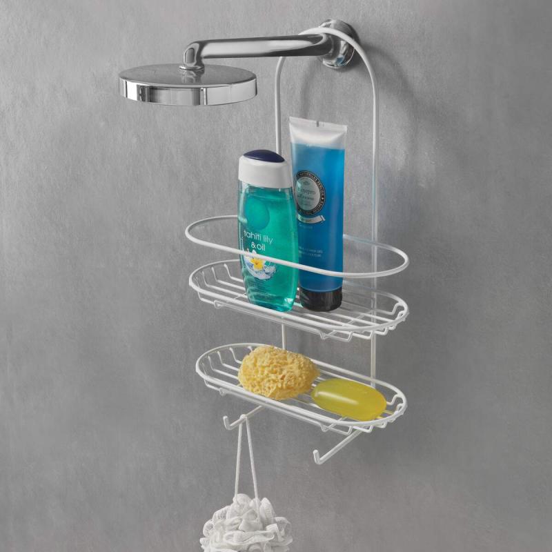 Metaltex Ellipse Line Supporto Doccia XL 2 Piani | Portaoggetti Bagno Largo con Gancio Appendibile | Rivestimento Antiruggine LDPE | Bianco | 27x13x45 cm
