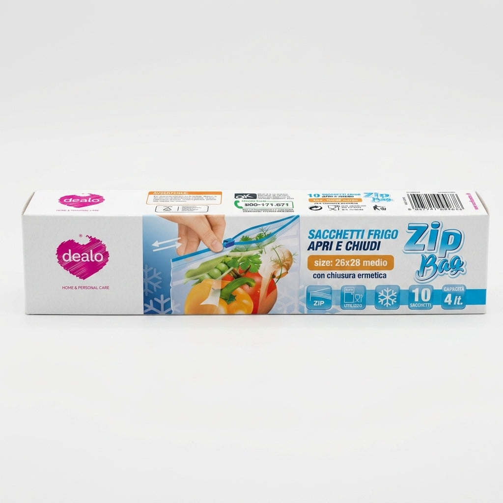 Dealo Zip Bag Sacchetti Frigo Medio Apri e Chiudi 4 L, formato 26x28 cm, confezione da 10 pezzi con chiusura zip ermetica riutilizzabile, super resistenti e ideali per conservare alimenti.