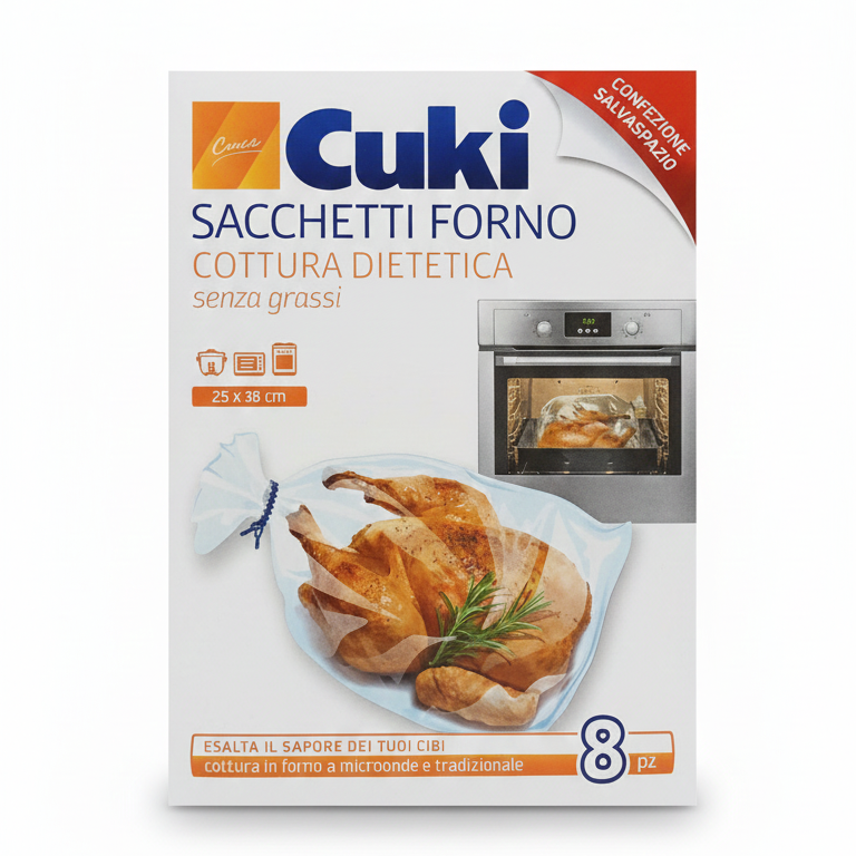 Cuki Sacchetti Forno per Cottura Dietetica – 8 Sacchetti 25x38 cm con Lacci – Per Forno Tradizionale e Microonde – Gusto Senza Grassi