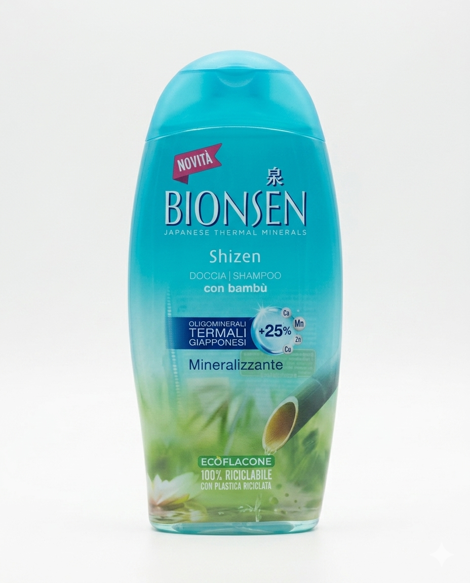 Bionsen Shizen Doccia Shampoo Mineralizzante con Oligominerali Termali Giapponesi ed Estratto di Bambù 250 ml – Rigenerazione Dual-Action Corpo e Capelli