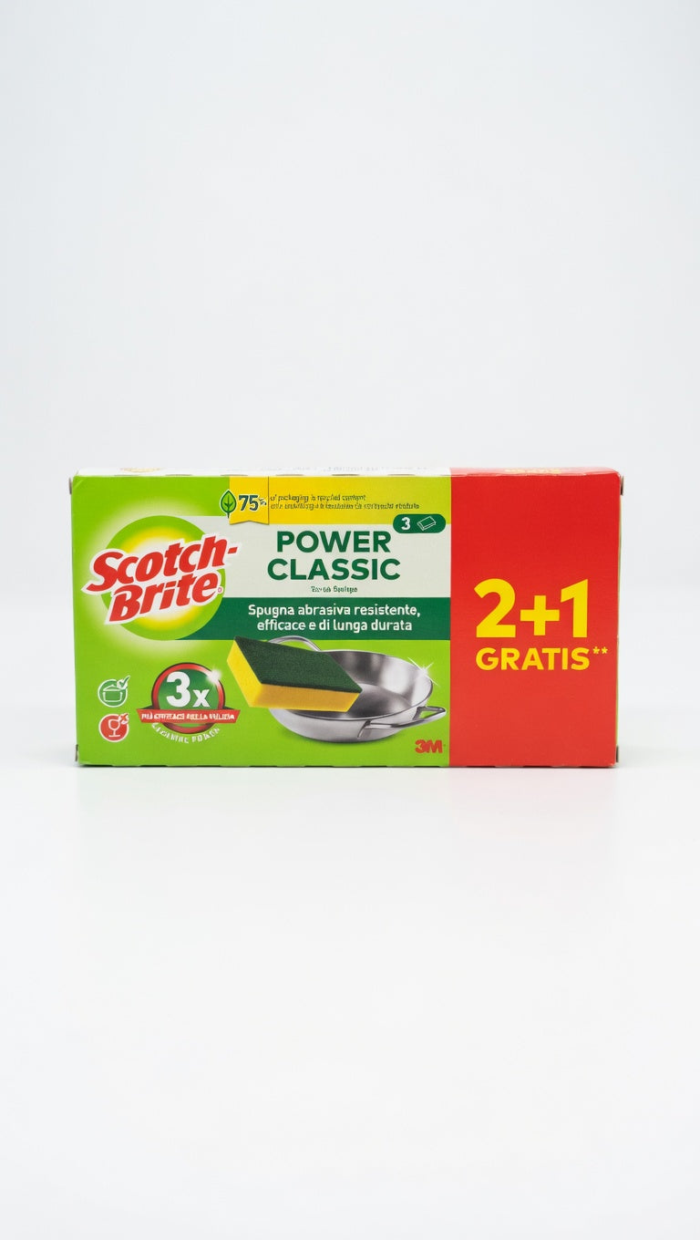 Scotch-Brite Spugna Abrasiva Classic 2+1 Gratis – Massima Forza Pulente per Pentole e Griglie – Fibra Verde Ultra-Resistente 3M