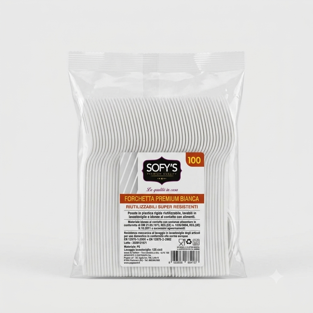 Sofy's Forchette Premium Bianche Riutilizzabili 100 Pezzi – Posate in Plastica Rigida Lavabili in Lavastoviglie