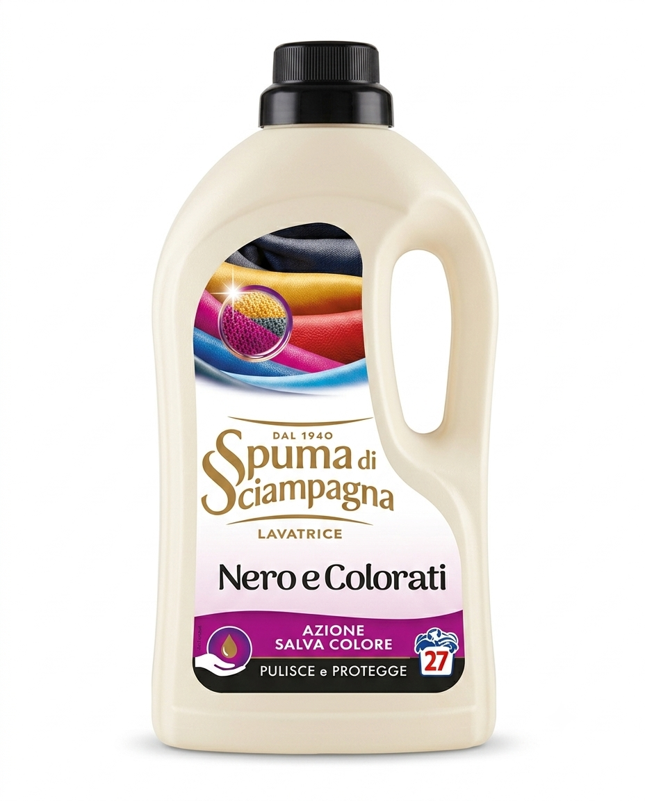 Spuma di Sciampagna Detersivo Lavatrice Nero e Colorati 1215 ml, detergente liquido per 27 lavaggi con azione salva colore, ideale per il lavaggio e la cura di capi neri e colorati.