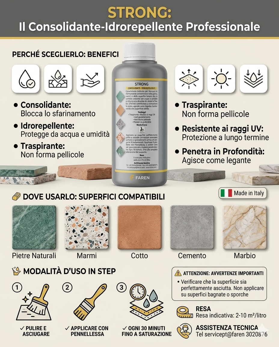 Faren Strong Consolidante Protettivo per Pietra Naturale e Mattoni 750ml – Trattamento Idrorepellente Professionale per Facciate e Monumenti