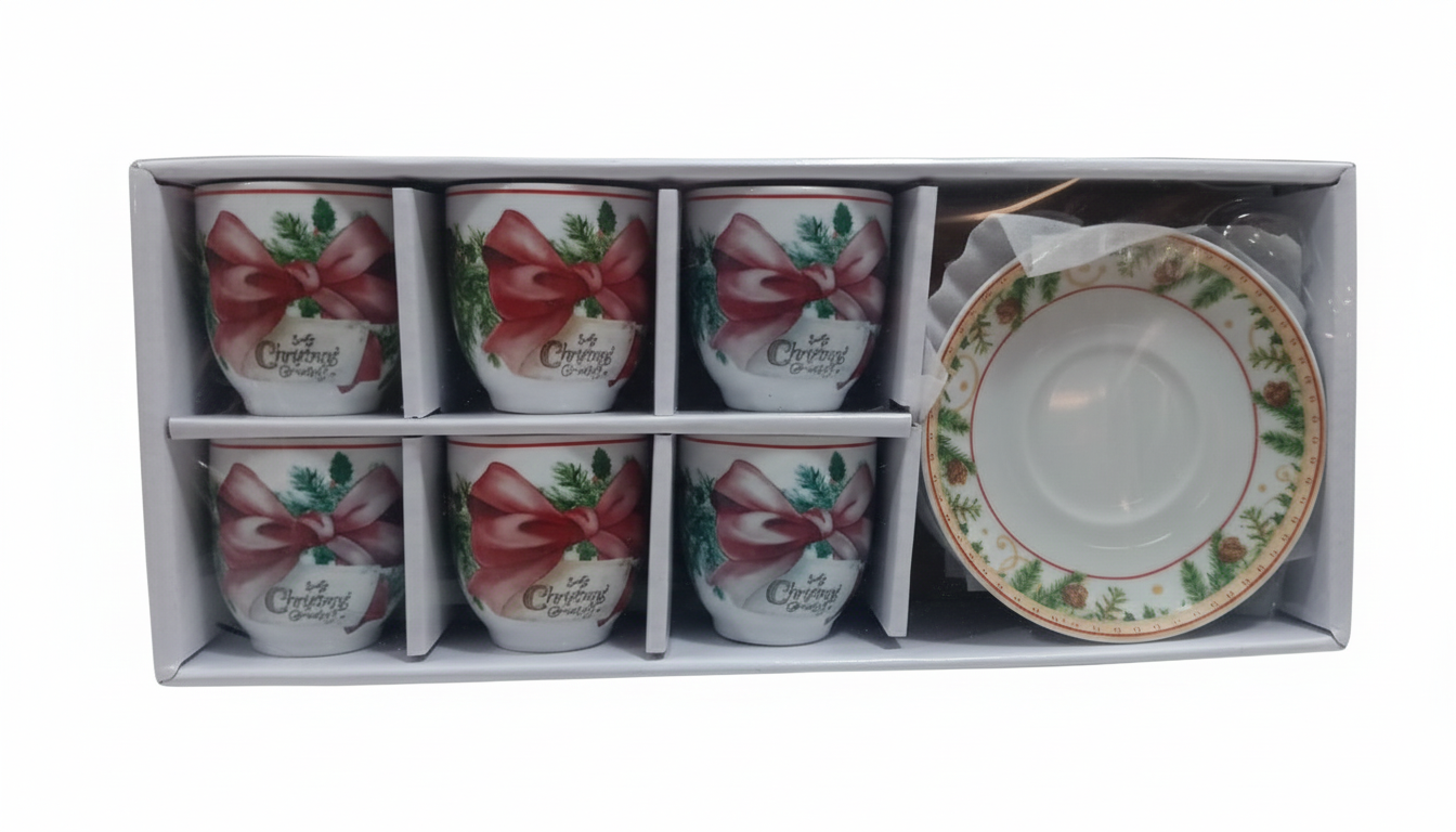 Set 6 Tazzine da Caffè con Piattini Decoro Natalizio Red Ribbon Garland