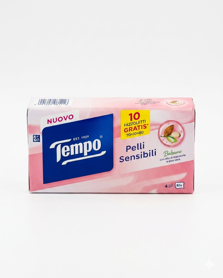 Tempo Pelli Sensibili Fazzoletti in Box 80 Pezzi con Olio di Mandorla e Aloe Vera – Morbidezza Superiore Rigenerante e Resistente in Lavatrice