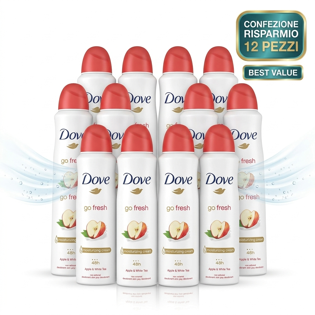 BUNDLE 12 Pezzi Dove Go Fresh Apple & White Tea Deodorante Spray 250ml | Protezione 48h con 1/4 Crema Idratante | Fragranza Mela Verde e Tè Bianco | Spedizione Inclusa